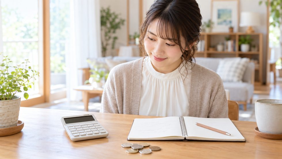 報酬の計算をするためのメモと電卓が置かれた机のイメージ