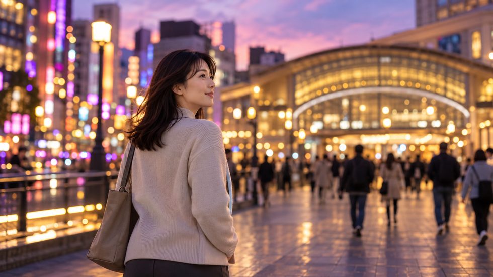 夕暮れの難波エリアを駅へ向かって歩く私服の女性（大阪）