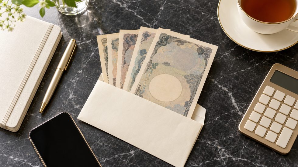 即日現金日払いのイメージ（日本円の紙幣と封筒）