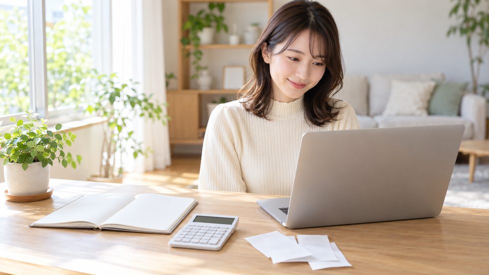 確定申告の準備に使うノートと領収書と電卓のイメージ