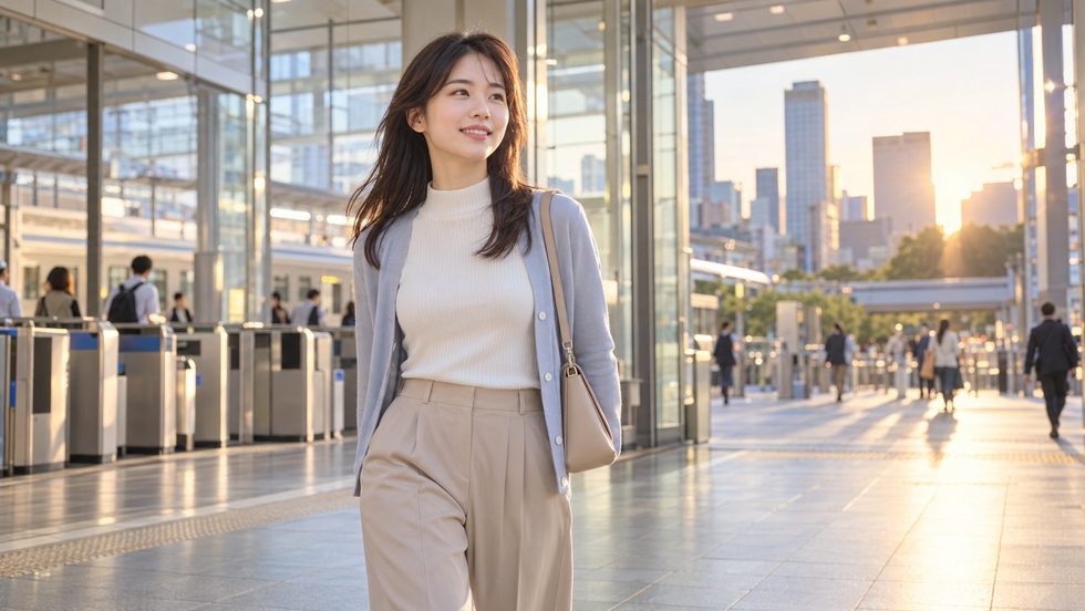 仕事帰りの大阪の駅前を私服で小さなバッグだけ持って歩く女性の通勤風景