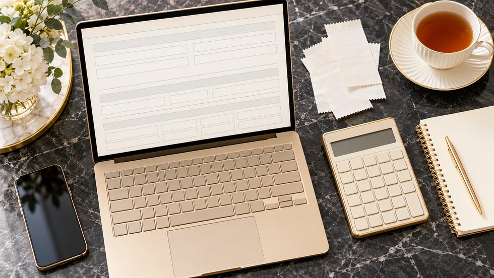 確定申告の書類を作るパソコンと電卓、領収書を並べた机