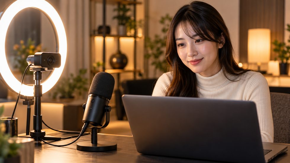 チャットレディの配信機材（WEBカメラ・リングライト・マイク）の手元のイメージ