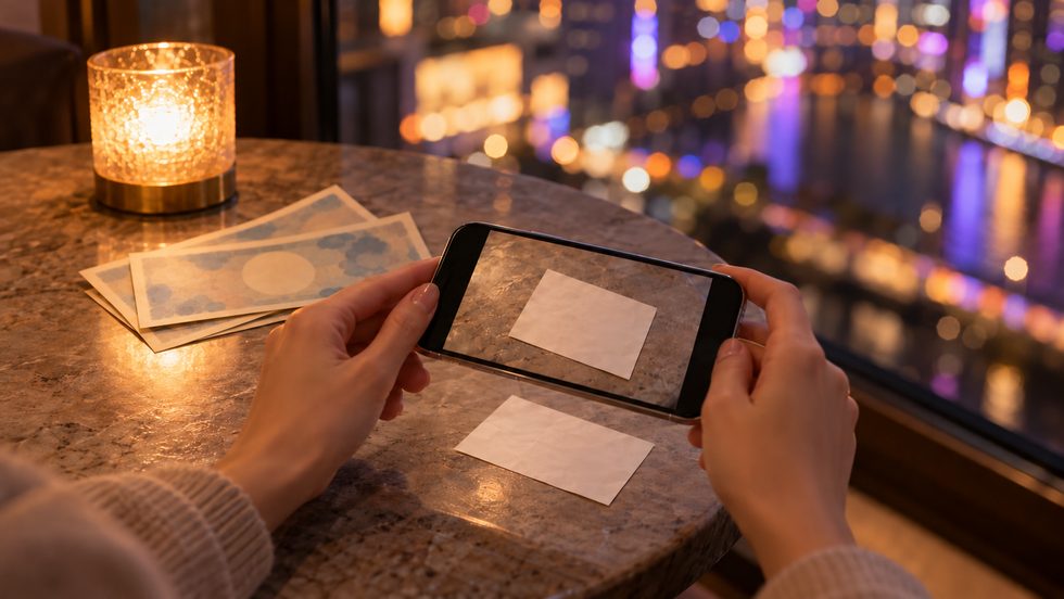 チャットレディが日払いの報酬明細をスマホで撮影して保存している手元