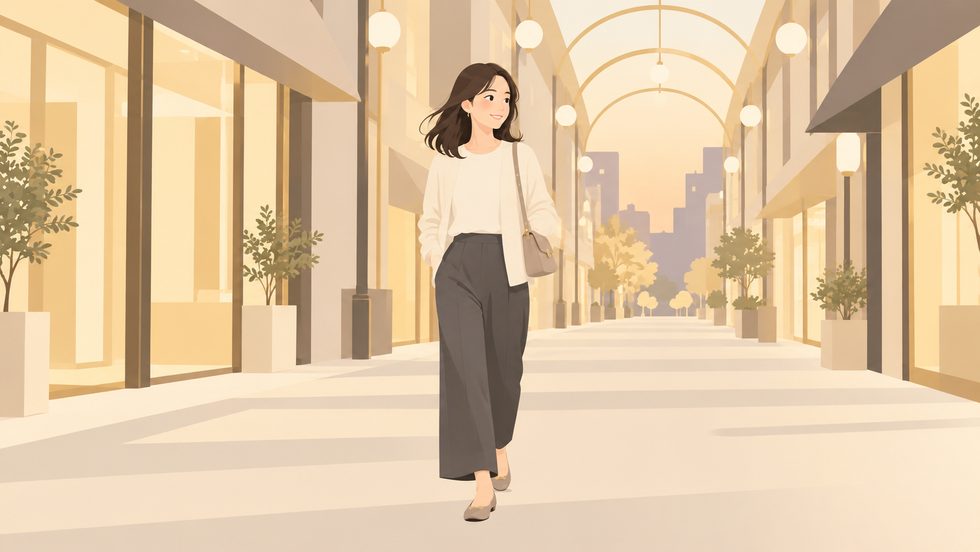 夕方の大阪の街を、私服で小さなバッグだけ持って歩く女性のイメージ