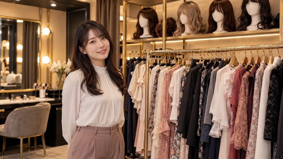 チャットレディ用の衣装とウィッグが並ぶ事務所の衣装棚のイメージ