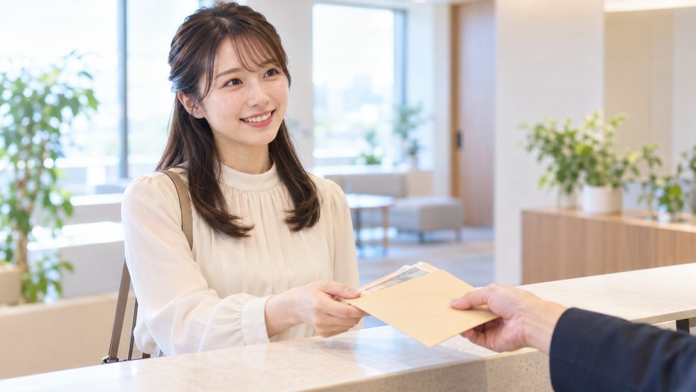 日払いで現金を受け取るイメージ（封筒に入った現金を受け取る手元）